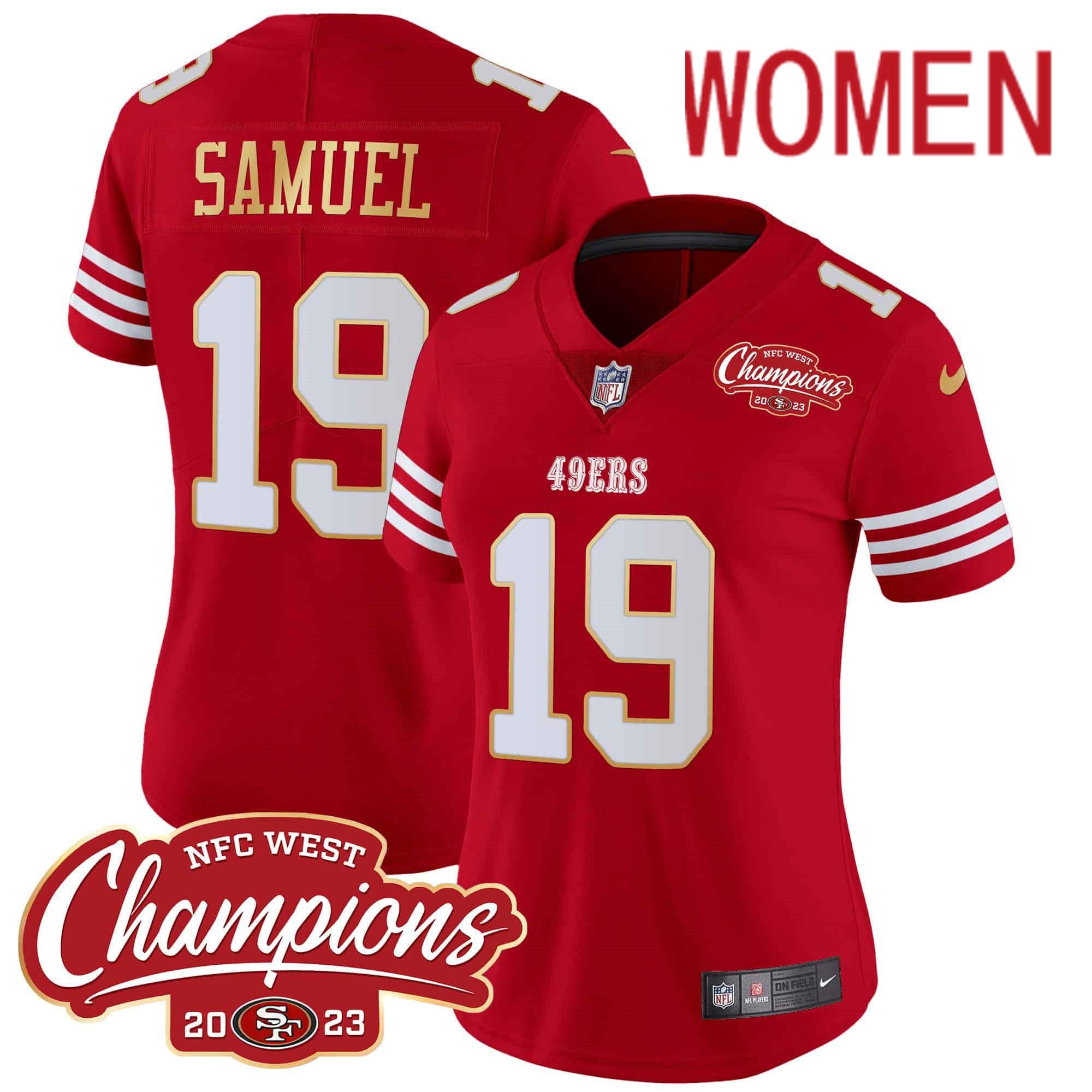 Women San Francisco 49ers 19 Samuel Red 2024 Nike NFC West Champions Gold Trim Vapor NFL Jersey style 1